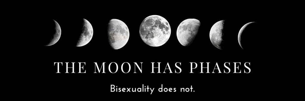 Photo of the moon phases on a black background with text underneath that says "The moon has phases. Bisexuality does not."